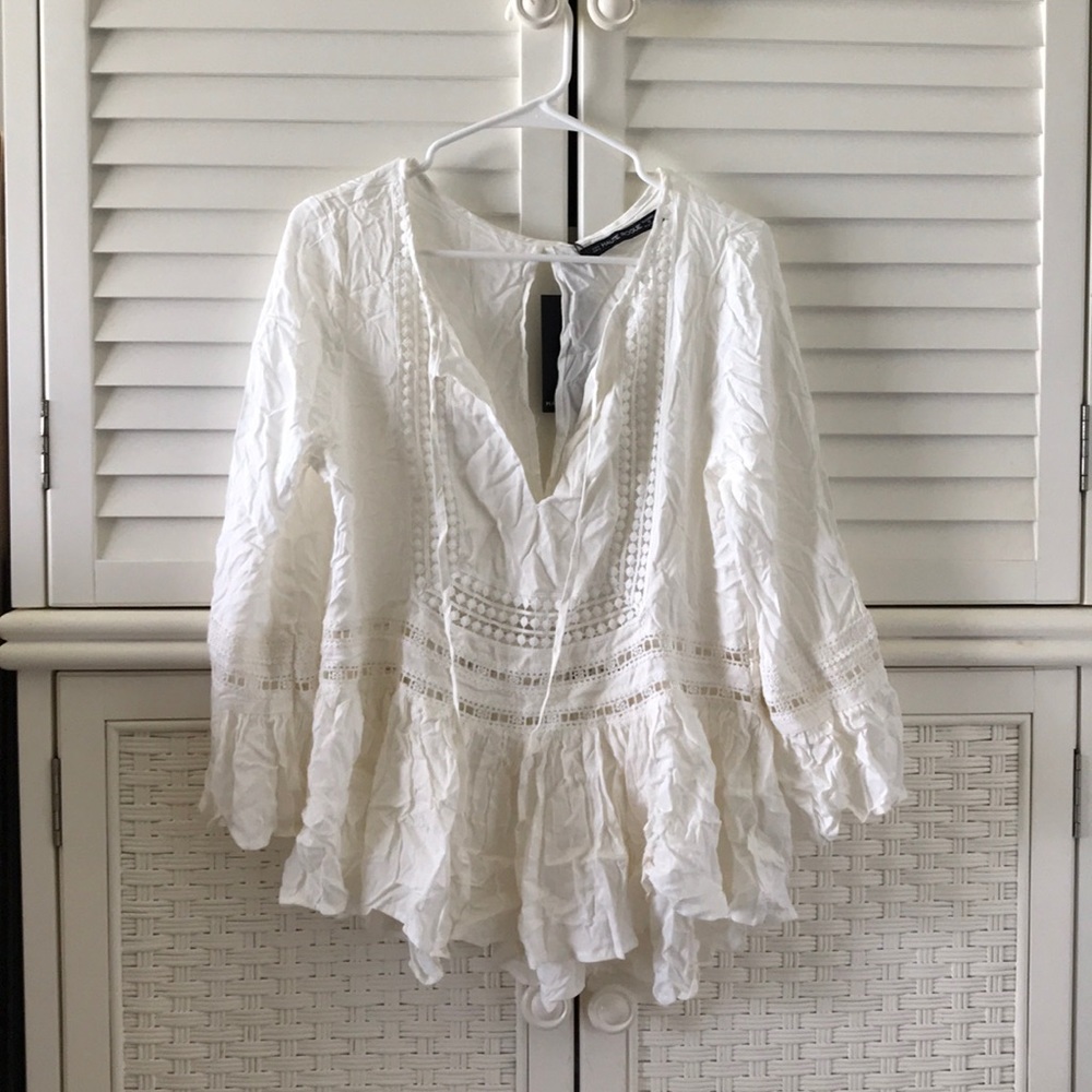 Haute Rogue Boho White Long Sleeve Blouse Large NWT